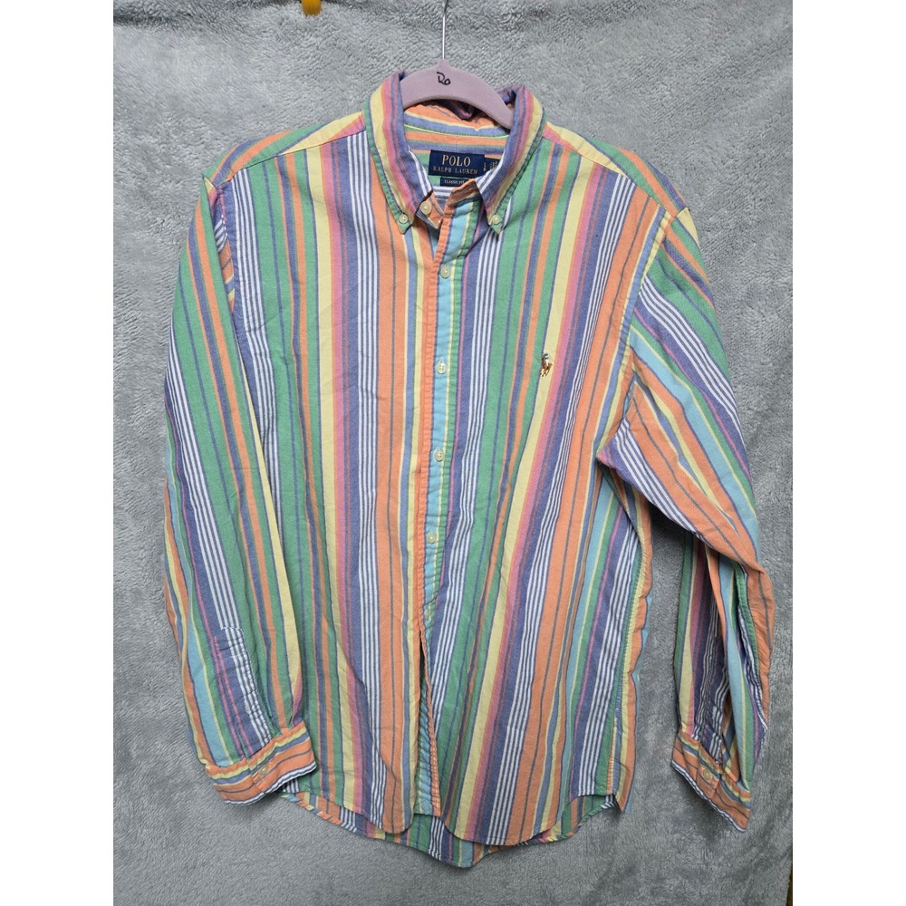 Polo Ralph Lauren Men Large Multi Color Vertical Stripe Oxford Shirt Classic Fit